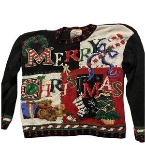 Vintage Christmas sweater bear tree sparkly size m petite heirloom collectibles